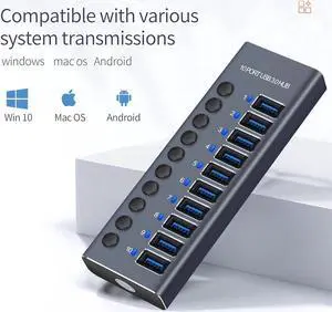 Powered USB Hub 3.0, Aluminum 10 Port USB 3.0 Data Hub Splitter with 12V/5A 60W Power Adapter and Individual On/Off Switches for Mouse, Keyboard, Hard Drive or More USB Devices