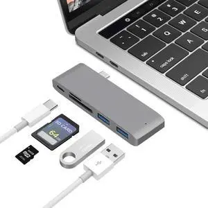 USB C Hub, 5 in 1 Type C Adapter with Power Type C Charging Port, 2 USB 3.0 Ports and SD/Micro SD Card Reader for MacBook Pro2015/2016/2017/Google Chromebook and More Type C Devices (Gray)