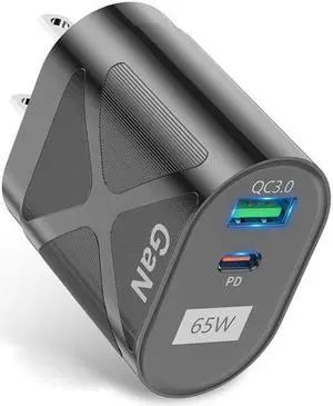 65W USB Type C Charger, Dual Port USB Wall Charger, 65 Watt GaN Fast Charger, Type C Foldable Adapter 65W. Compatible for All Phones and Tablets (Black)
