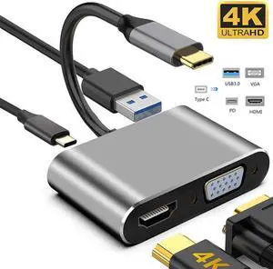 USB C to 4K HDMI VGA Adapter , 4-in-1 Type C Hub with USB 3.0 Charging Power PD Port Compatible for MacBook Pro/iPad Pro/Google PixelBook/Dell XPS -Gray