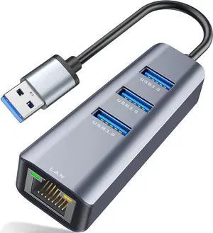 USB to Ethernet Adapter, 4 in 1 USB3.0 Hub with Ethernet, Plug and Play, Multiport Network Adapter with 3 USB 3.0 Port, Gigabit RJ45, Compatible for Laptop MacBook XPS