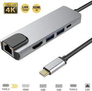 USB C Hub Adapter, 6-in-1 Extension with Gigabit Ethernet, 4K HDMI, Type- C 100W PD, 2 USB-A 3.0 for 2016-2020 MacBook Pro 13' 15' 16' & 2020 MacBook Air