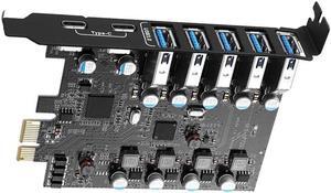 Superspeed 7 Ports PCI-E to USB 3.0 Expansion Card - (2X USB C - 5X USB A) - PCI Express(PCIe) Expansion Card USB Card for Desktop PC Support Win XP Win7 Win 8 Win 10 Win 11 Linux
