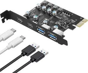 4X 5Gbps (2X USB-C - 2X USB-A) PCIE USB 3.0 Expansion Card for Windows 11, 10, 8.x, 7, Vista, XP Desktop PCs, Built in FebSmart Self-Powered Technology, No Need Additional Power Supply