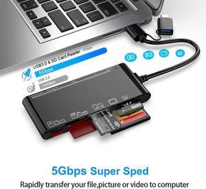 7-in-2 Card Reader USB 3.0/USB C Card Hub Adapter 5Gbps Read 5 Cards Simultaneously CF, CFI, TF, SDXC, SDHC, SD, MMC, Micro SDXC, Micro SD, Micro SDHC, MS, UHS-I (Black)
