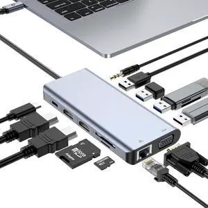 USB C Docking Station Triple Monitor for Dell HP, USB C Hub HDMI Adapter Docking Station 3 Monitors Thunderbolt 3/4 to 2 HDMI,VGA,Ethernet,4 USB,PD,SD/TF, Audio, Laptop Docking Station