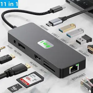 USB C Docking Station Triple Monitor,USB C Laptop Hub Multiport Adapter Dongle Dock Docking Station 3 Monitors with 4K60 HDMI,4K60 DP, VGA,100W PD,3 USB3.2 Ports,Ethernet,TF/SD,Audio