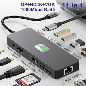 11 in 1 USB C Docking Station, 4K60 HDMI + 4K60 DP & 1080P VGA Triple Monitor Hub with 100W Power Delivery, 1000M Ethernet, Audio and 3*10Gbps USB 3.2, SD TF Card Reader for Laptop PC