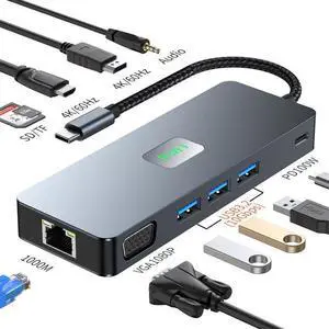 Type-C C Hub, USB-C Laptop Docking Station, 11 in 1 Triple Display for MacBook and Windows with 4K HDMI+4K DisplayPort+ VGA 100W PD3.0 RJ45 Ethernet 3USB3.2 Ports TF/SD Card Reader Audio
