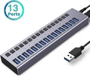 Powered USB Hub 3.0, Data 16 Ports and USB Charging 16 Port Multi USB 3.0 Splitter with Individual LED Switches Power Adapter 4FT Extender Long Cable for Laptop Computer PC PS4 Flash Drive