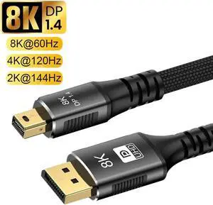 8K Mini DP to DisplayPort 1.4 Cable 3.3ft, Bi-directional Displayport to Mini Displayport Cable Mini DP Male to DP Male Cord G-Sync & Freesync 8K@60Hz 4K@144Hz HDR for Gaming Monitor Laptop