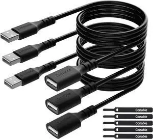 3 Pack USB Extension Cable 10 FT USB 2.0 Type A Male to Female Extender Cord Adapter Compatible with Printer Keyboard Mouse Flash Drive Hard Drive Controller Black Cable with 5 Cable Ties