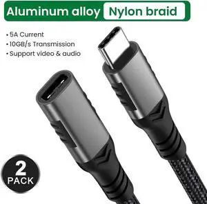 USB C Extension Cable 1.6ft 2-Pack,Nylon Braided USB Type C Extender Cord Male to Female,USB C 3.2 100W Fast Charging 10Gbps Data Transfer 4k HD video for MacBook iPad Laptop Mobile Phone