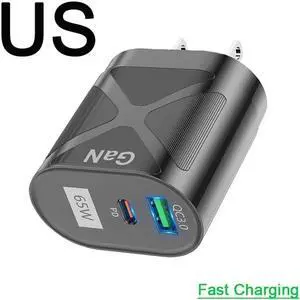 65W GaN Fast Charger Dual Port USB Type C Phone Charger Quick Charging 3.0 Power Adapter For iPhone 14 13 Xiaomi Samsung Wall Charger - Black
