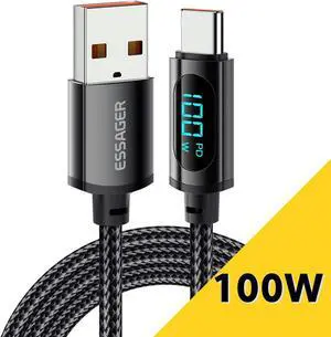 3.2FT PD 100W USB A to USB C Cable,7A Fast Charging USB C Cable with LED Display Braided Charger Cord Type C
