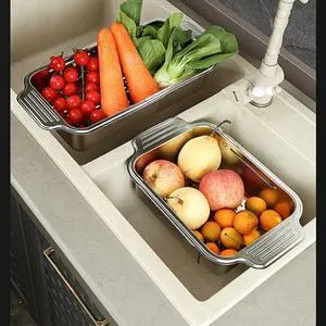 Adjustable Expandable Sink Drain Basket, FoodGrade Stainless Steel Over Sink Colander with NonSlip Handles, Multipurpose Fruit Vegetable Washing Strainer Basin for Kitchen Adjustable Expandable Sink Drain Basket, FoodGrade Stainless Steel Over Sink Colander with NonSlip Handles, Multipurpose Fruit Vegetable Washing Strainer Basin for Kitchen