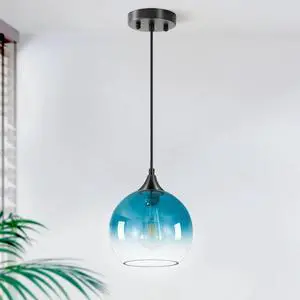 Blue Gradient Glass Globe Pendant Light, Matte Black Finish Modern Hanging Ceiling Lamp, Adjustable Cord Mini Pendant Lighting for Kitchen Sink, Bar Counter, Hallway, Cafe Blue Gradient Glass Globe Pendant Light, Matte Black Finish Modern Hanging Ceiling Lamp, Adjustable Cord Mini Pendant Lighting for Kitchen Sink, Bar Counter, Hallway, Cafe