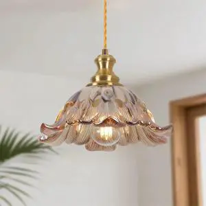 Retro Petal Glass Pendant Lamp, Antique Brass Hanging Ceiling Light, Amber FlowerShaped Glass Shade Decor Lighting for Bar, Cafe, Hallway Home Decoration Retro Petal Glass Pendant Lamp, Antique Brass Hanging Ceiling Light, Amber FlowerShaped Glass Shade Decor Lighting for Bar, Cafe, Hallway Home Decoration