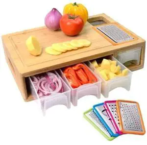 MultiPurpose Bamboo Cutting Board with Removable Storage Trays, Interchangeable Grater Blades Included, SpaceSaving Food Preparation Board for Home Kitchen MultiPurpose Bamboo Cutting Board with Removable Storage Trays, Interchangeable Grater Blades Included, SpaceSaving Food Preparation Board for Home Kitchen