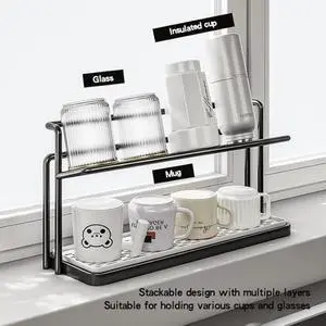 Countertop DoubleLayer Cup Holder, Metal Mug Drying Stand with Drainage Tray, Kitchen Organizer for Tumblers, Mugs and Water Bottles Countertop DoubleLayer Cup Holder, Metal Mug Drying Stand with Drainage Tray, Kitchen Organizer for Tumblers, Mugs and Water Bottles