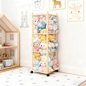Rolling Stuffed Animal Storage Tower, Wooden 4Shelf Toy Holder with Mesh Panel, Kids Plush Doll Display Organizer for Playroom Bedroom Rolling Stuffed Animal Storage Tower, Wooden 4Shelf Toy Holder with Mesh Panel, Kids Plush Doll Display Organizer for Playroom Bedroom