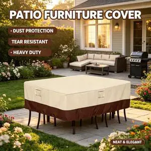 Square Patio Furniture Set Cover, HeavyDuty Oxford Fabric Waterproof UVResistant Beige & Brown Outdoor Table Chair Set Protector Square Patio Furniture Set Cover, HeavyDuty Oxford Fabric Waterproof UVResistant Beige & Brown Outdoor Table Chair Set Protector