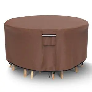 Round Patio Table Cover, HeavyDuty Oxford Fabric Waterproof UVResistant Brown Outdoor Round Table Chair Set Furniture Protector Round Patio Table Cover, HeavyDuty Oxford Fabric Waterproof UVResistant Brown Outdoor Round Table Chair Set Furniture Protector