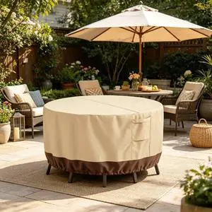 Round Patio Table Cover, HeavyDuty Oxford Fabric Waterproof UVResistant Beige & Brown Outdoor Round Table Chair Set Protector Round Patio Table Cover, HeavyDuty Oxford Fabric Waterproof UVResistant Beige & Brown Outdoor Round Table Chair Set Protector