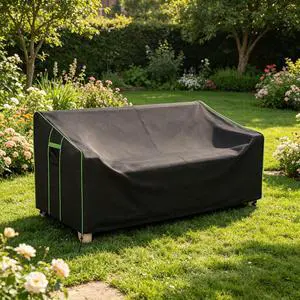 Black Outdoor Double Bench Cover, All Weather Waterproof Patio Bench Protector with Green Piping Black Outdoor Double Bench Cover, All Weather Waterproof Patio Bench Protector with Green Piping