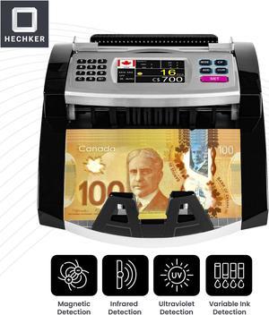 Hechker Money Counter Mixed Bills for Canadian Currency UV/MG/MT/IR Counterfeit Detection. Also Counts USD, Euro, GBP, & MXN and Gives Value but Without Mix Denomination.