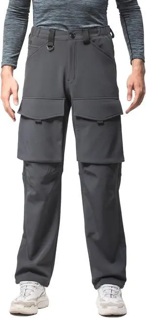 Men Straight Multi Pocket Drawstring Elastic Waist Plush Trousers Warm Windproof Casual Pants