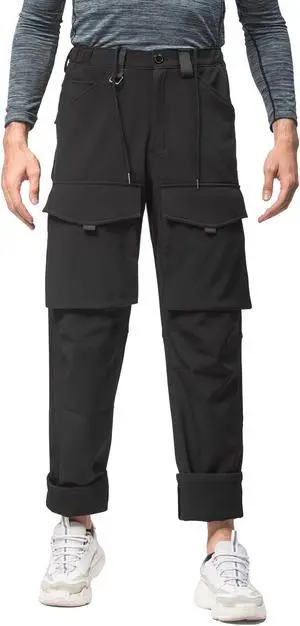 Men Straight Multi Pocket Drawstring Elastic Waist Plush Trousers Warm Windproof Casual Pants Large Black