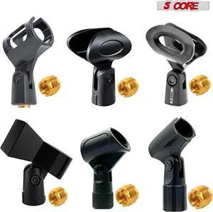 5 Core Universal Microphone Clip Holder Combo Pack with Nut Adapters 5/8" to 3/8", 6 Pack, Black- 123478 6PCS