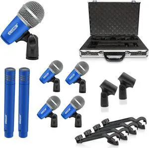 5 Core Inc. Drum Mic Kit 7 Piece Drumset XLR Wired Dynamic Microphone Kick Bass, Tom/Snare & Cymbals Instrument Set for Studio and On Stage Live Use - DM 7RND BLU