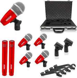 5 Core Inc. Drum Mic Kit 7 Piece Drumset XLR Wired Dynamic Microphone Kick Bass, Tom/Snare & Cymbals Instrument Set for Studio and On Stage Live Use - DM 7RND RED