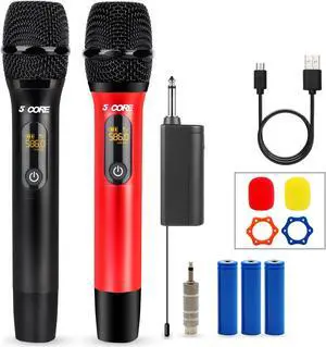 5 Core Wireless Microphones Pair UHF Professional Handheld Microfonos Inalambricos Dual Cordless Mic System for Karaoke Singing Wedding DJ Party Speech Church - WM UHF 02-RED+BLK