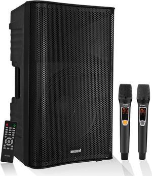 5 Core Powered PA Speaker 200W RMS Portable Active Powered DJ Audio System w Bluetooth 5.1 Two Wireless UHF Mics and Remote ACTIVE DJ 15 2-MIC