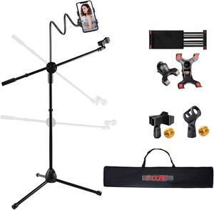 5 Core Inc. Microphone Stand + Phone Holder Floor Boom Mic Stand Gooseneck + Tablet Holder  Collapsible Adjustable Tripod Mic Stand Two Mic Clips + Carry Bag for Singing Karaoke Studio Parties MS MOB