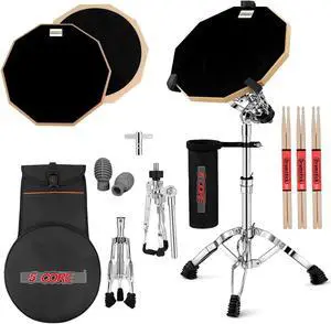 5 Core Drum Practice Pad Set 12" Adjustable Snare Drumming Stand Double Sided Silent Drummer Kit - DPAD COMBO BLK