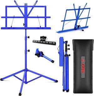 5 Core Music Stand, 2 in 1 Dual-Use Adjustable Folding Sheet Stand Blue / Metal Build Portable Sheet Holder / Carrying Bag, Music Clip and Stand Light Included - MUS FLD BLU