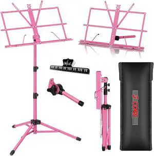 5 Core Music Stand Height Adjustable Desktop Book Stands Portable Sheet Holder All Metal Bookstand Foldable Atril Para Partituras w Carrying Bag & Clip Pink - MUS FLD PNK