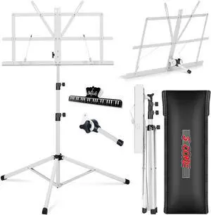5 Core Music Stand Height Adjustable Desktop Book Stands Portable Sheet Holder All Metal Bookstand Foldable Atril Para Partituras w Carrying Bag & Clip White - MUS FLD WH
