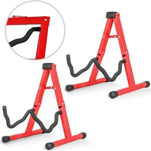 5 Core Guitar Stand Pair A Frame Shape w Soft Foam Arms Non Slip Rubber Supports Acoustic Electric Bass Ukulele Banjo for School Studio Stage Concerts Brown - GSS RED 2PCS