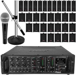 5 Core 4000W PA System Outdoor Indoor Commercial Industrial Grade Paging Kit w/ 32 Wall Speakers 200W+200W (RMS) 2 Zone Amp +1 Stand +1 Microphone | Combo All Year Weather Use - Packet Amp 200