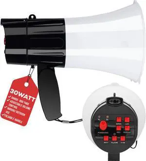 5 Core Megaphone Bullhorn Speaker 30W Professional Bull Horn Battery Power Cheer Megafono 800 Yard Range Loudspeaker w Siren LED Light Recording Ergonomic Handle for Coaches Football Baseball