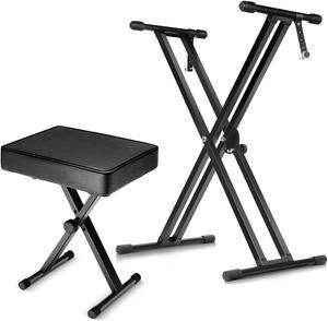 5 Core Keyboard Stands and Bench Set, 2024 Upgrade Heavy Duty Double X Keyboard Stand Adjustable & Portable Digital Thick Padded Piano Seat with Locking Straps Combo Black