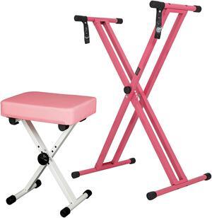 5 Core Keyboard Stands and Bench Set, 2024 Upgrade Heavy Duty Double X Keyboard Stand Adjustable & Portable Digital Thick Padded Piano Seat with Locking Straps Combo Pink