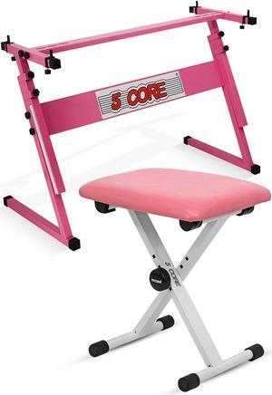 5 Core Keyboard Stand z Style Piano Riser Adjustable Holder + Keyboard Stool Thick Padded Piano Bench Pink