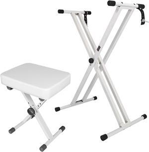 5 Core Keyboard Stand Double X Style Adjustable Piano Riser + Keyboard Piano Bench WHITE