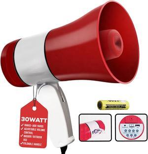 5 Core Megaphone Bullhorn Speaker 30W Bull Horn Rechargeable Mini Cheer Megafono 800 Yards Range Loudspeaker W Siren Recording Ergonomic Handle for Coaches Football Baseball Cheerleading